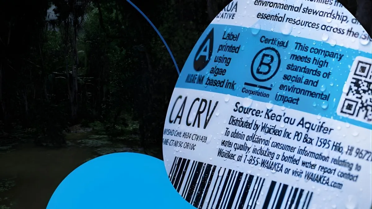 ACTExact UV Black Algae Ink – Primeira tinta UV flexo com pigmento de algas Embalagem da tinta ACTExact UV Black Algae Ink com o rótulo da bebida Waiākea, demonstrando a aplicação em carbono negativo