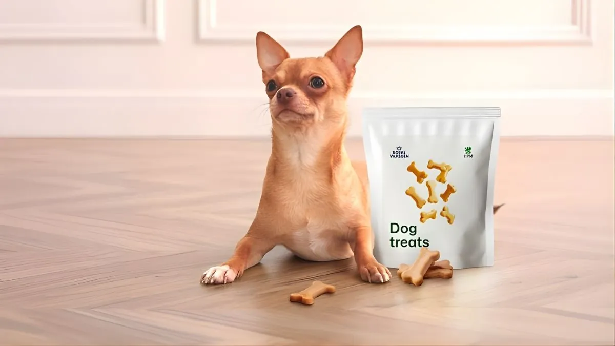 Barryrwrap Everest – Embalagem reciclável de papel para petiscos UPM e Royal Vaassen Embalagem de papel reciclável Barryrwrap Everest da Royal Vaassen com o rótulo de petiscos, demonstrando a aplicação em pet food sustentável