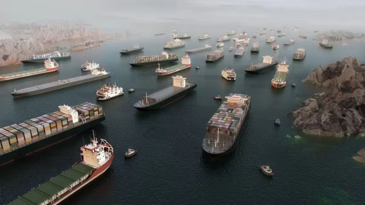 Conflito no Irã e o impacto na cadeia de polímeros para embalagens Mapa do Estreito de Ormuz com ilustração de navios e gráficos de alta de preços de resinas PE e PP