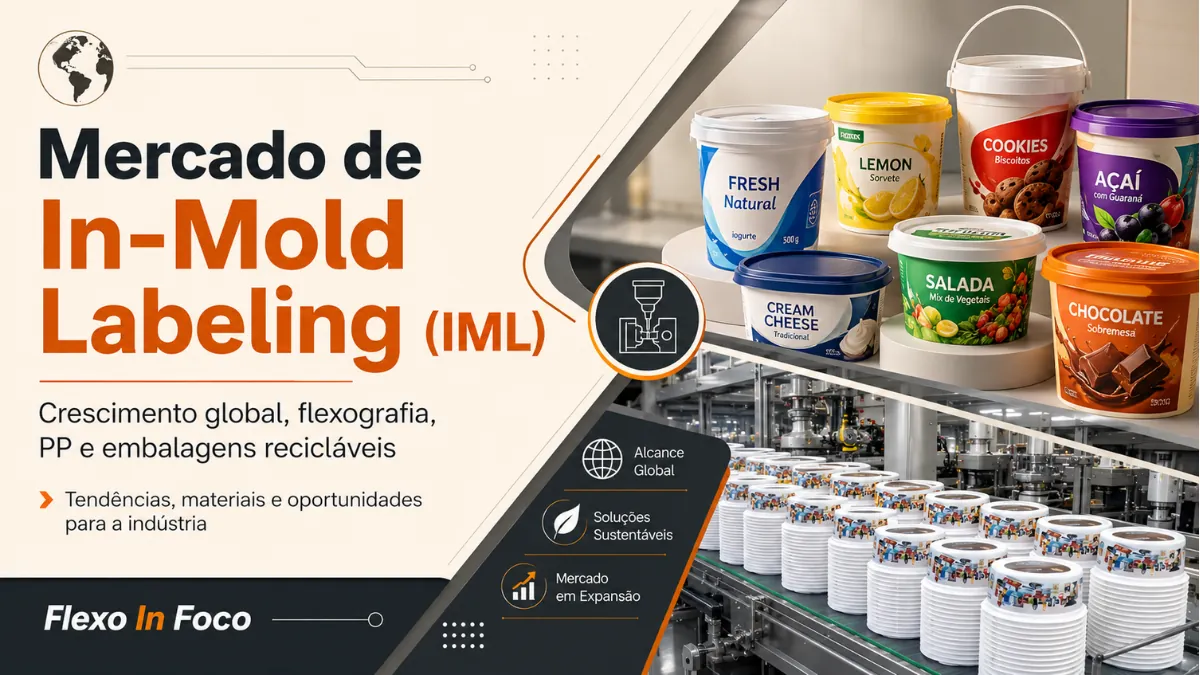 In Mold Labeling IML, flexografia e embalagens plásticas Rótulos In Mold Labeling IML impressos em flexografia aplicados em embalagens plásticas de PP