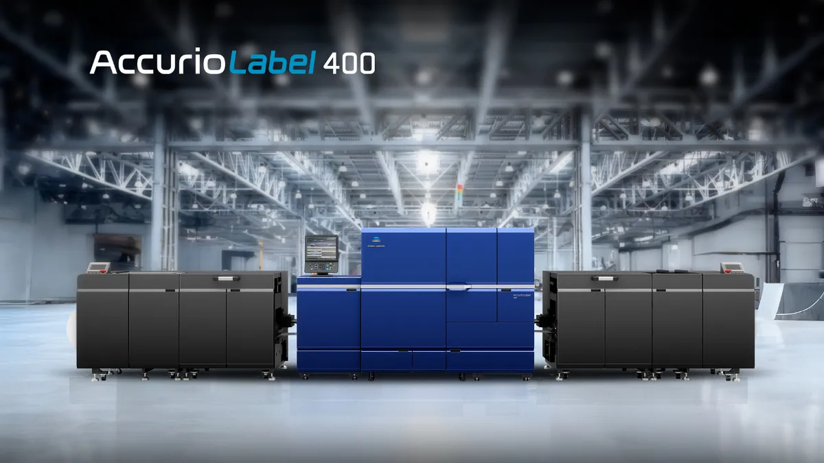 Linha AccurioLabel da Konica Minolta em demonstração na Flexo & Labels Expo 2026 Estande da Konica Minolta na Flexo & Labels Expo 2026 com as impressoras digitais AccurioLabel 230 e AccurioLabel 400 em demonstração para rótulos e etiquetas.