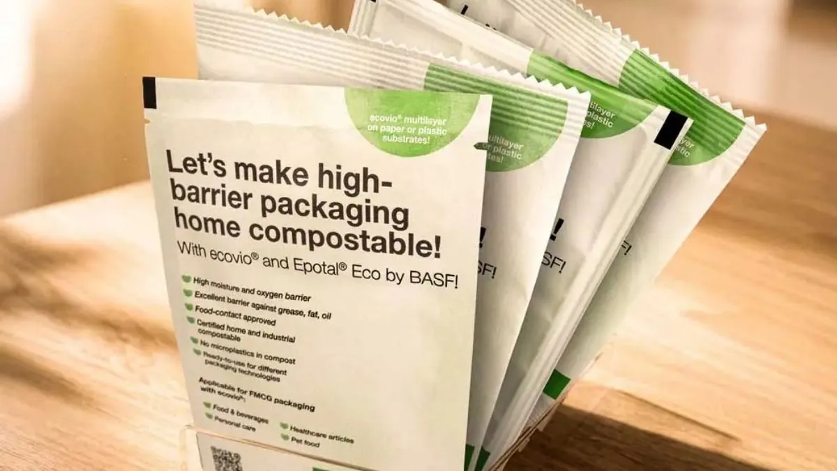 ecovio® – embalagens flexíveis compostáveis de alta barreira Embalagens flexíveis produzidas com biopolímero ecovio da BASF, com certificação home-compostável e alta barreira.