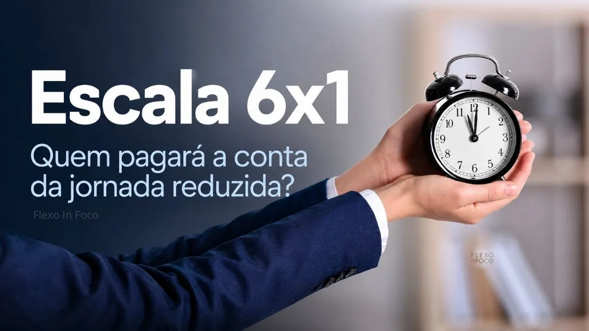 Escala 6×1 e jornada reduzida na flexografia Profissional segurando um relógio em destaque, com chamada sobre escala 6x1 e jornada reduzida aplicada aos impactos de produtividade na indústria flexográfica.
