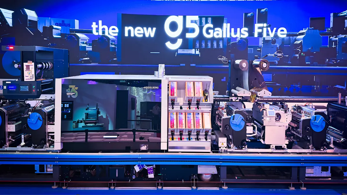 Heidelberg e Gallus na LOUPE Americas 2026 – Booth 3524 Estande da Heidelberg e Gallus na LOUPE Americas 2026, com a Gallus Five e o configurador System to Compose em destaque.