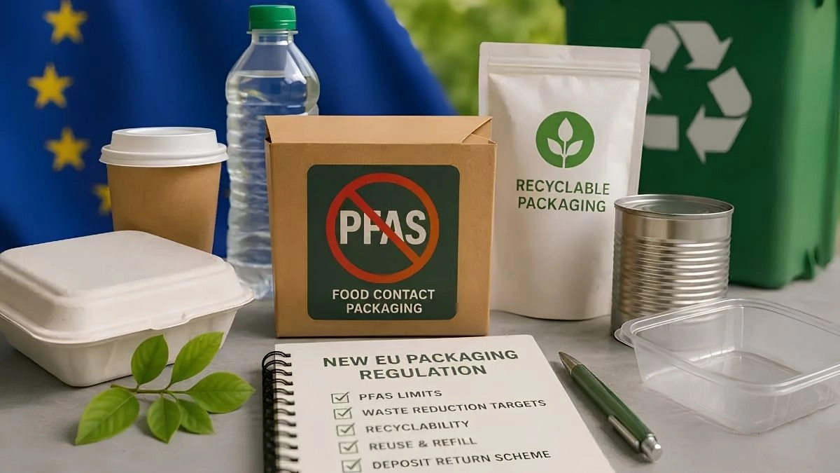 Novas regras da UE para PFAS e resíduos em embalagens Ilustração sobre as novas regras da UE para PFAS e redução de resíduos em embalagens