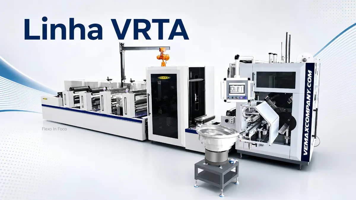 vemax-vrta-rebobinadora-turret-rotulos.jpg Rebobinadora turret VRTA da Vemax em exposição na LOUPE Americas 2026, com destaque para a tecnologia No Glue e automação de acabamento.