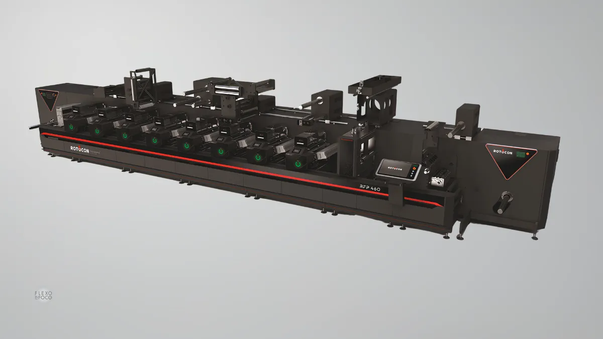 Rotocon RFP C-Series na LOUPE Americas 2026 Impressora flexográfica Rotocon RFP C-Series em linha integrada para produção de rótulos